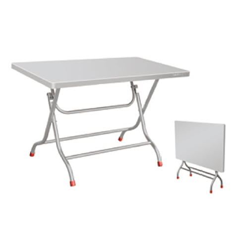 Mesa de comedor de acero inoxidable con patas redondas.