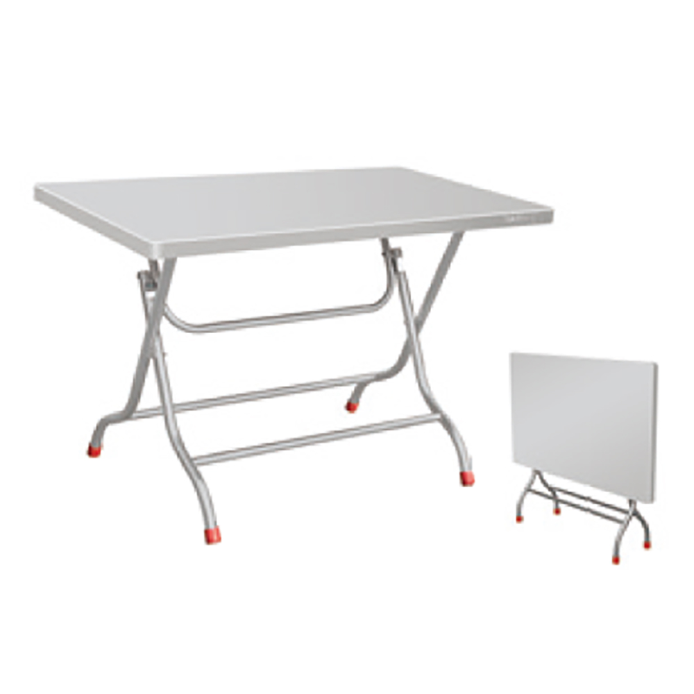 Mesa de comedor de acero inoxidable con patas redondas.