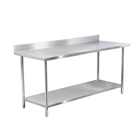 Mesa de acero inoxidable con protector contra salpicaduras y estante inferior
