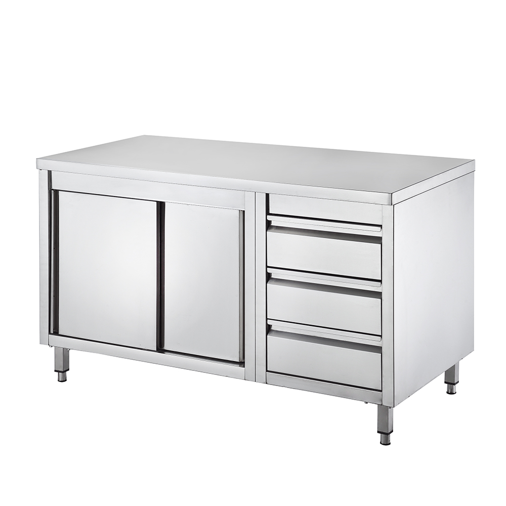 Mesa de trabajo de acero inoxidable con gabinete y cajón