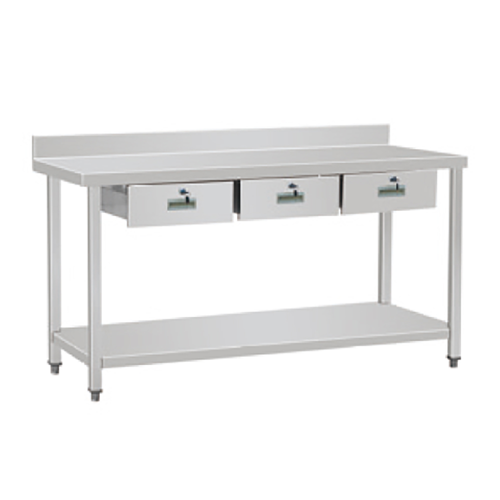 Mesa de trabajo de acero inoxidable con cajón y protector contra salpicaduras