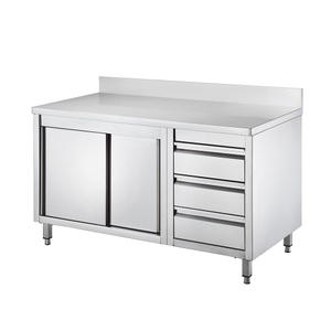 Mesa de trabajo de acero inoxidable con gabinete y cajón con protector contra salpicaduras