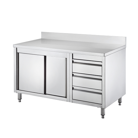 Mesa de trabajo de acero inoxidable con gabinete y cajón con protector contra salpicaduras