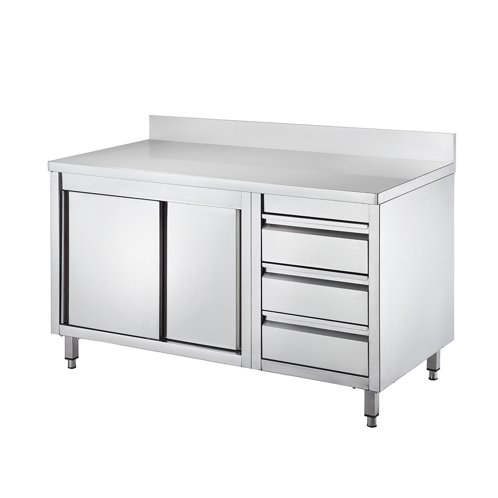 Mesa de trabajo de acero inoxidable con gabinete y cajón con protector contra salpicaduras