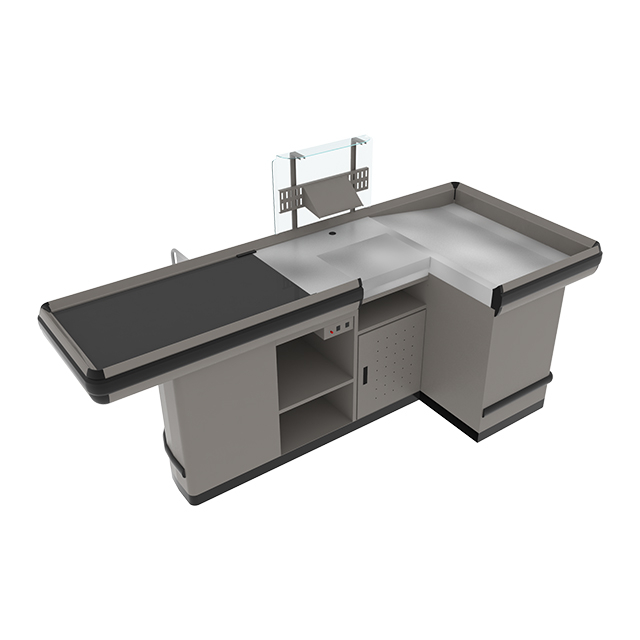 Mostrador de caja con cinta transportadora y plataforma