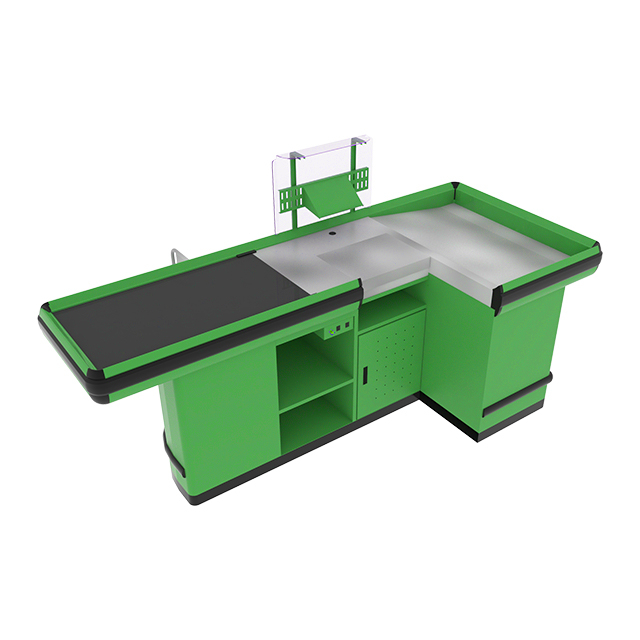 Mostrador de caja con cinta transportadora y plataforma
