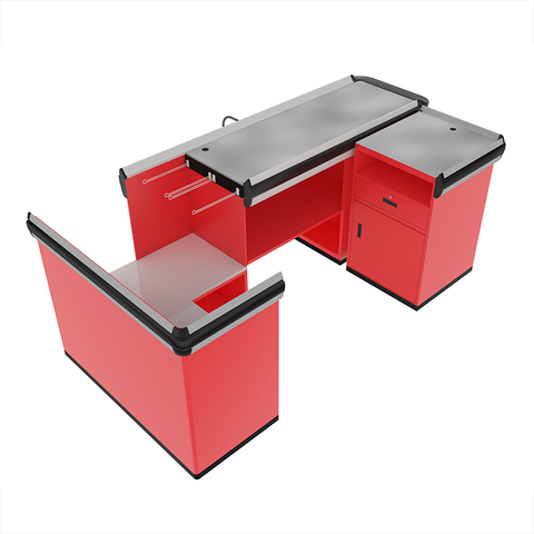 Mostrador de caja con dispensador de bolsas de plástico y puerta de entrada al supermercado