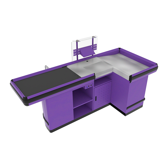 Mostrador de caja con cinta transportadora y plataforma
