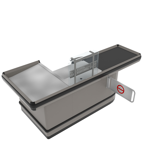 Mostrador de caja con cinta transportadora y plataforma