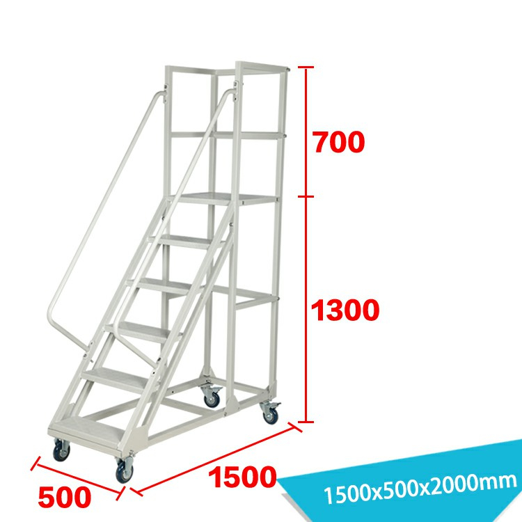 Escalera de tijera con plataforma de almacén de 6 escalones con pasamanos y ruedas LT-11