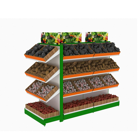 Estante del supermercado para frutas y verduras.