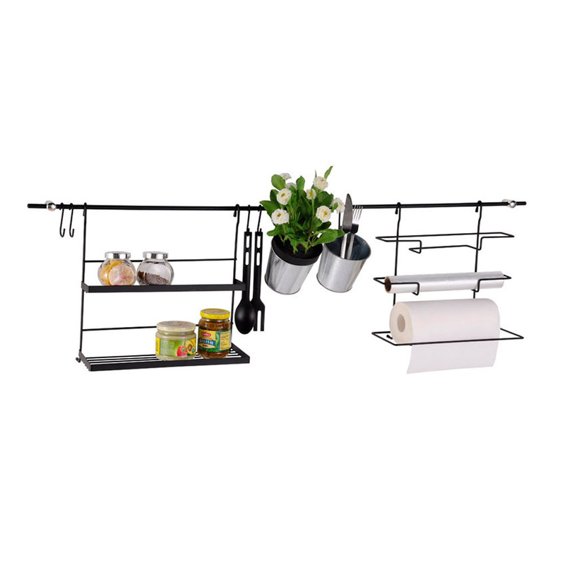 Estante para utensilios de cocina montado en la pared con ganchos