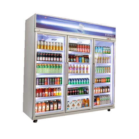 Enfriador vertical enchufable de refrigeración por aire diaria de varias plataformas de 1 a 10 ℃ con puerta de vidrio y tablero publicitario