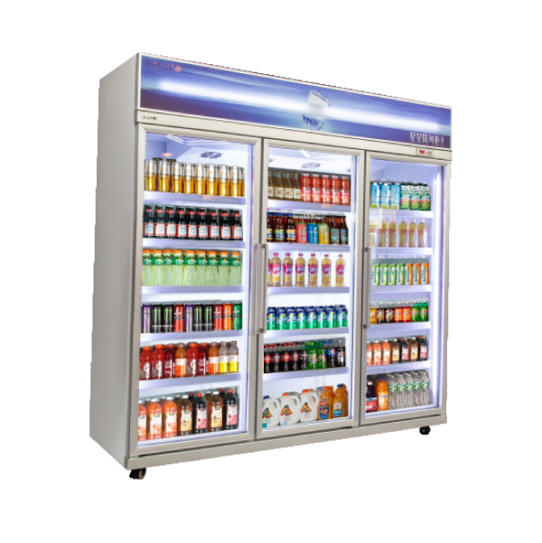 Enfriador vertical enchufable de refrigeración por aire diaria de varias plataformas de 1 a 10 ℃ con puerta de vidrio y tablero publicitario