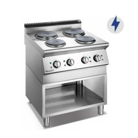 Cocina eléctrica con placa calefactora y gabinete abierto