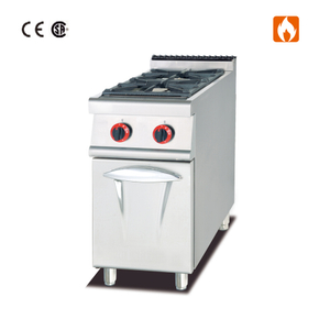 Cocina a gas con 2 quemadores y gabinete.