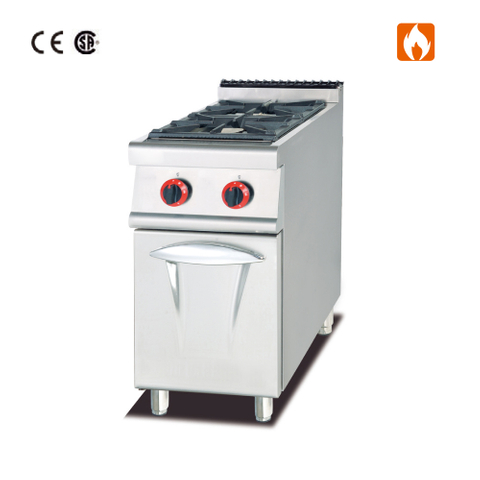 Cocina a gas con 2 quemadores y gabinete.