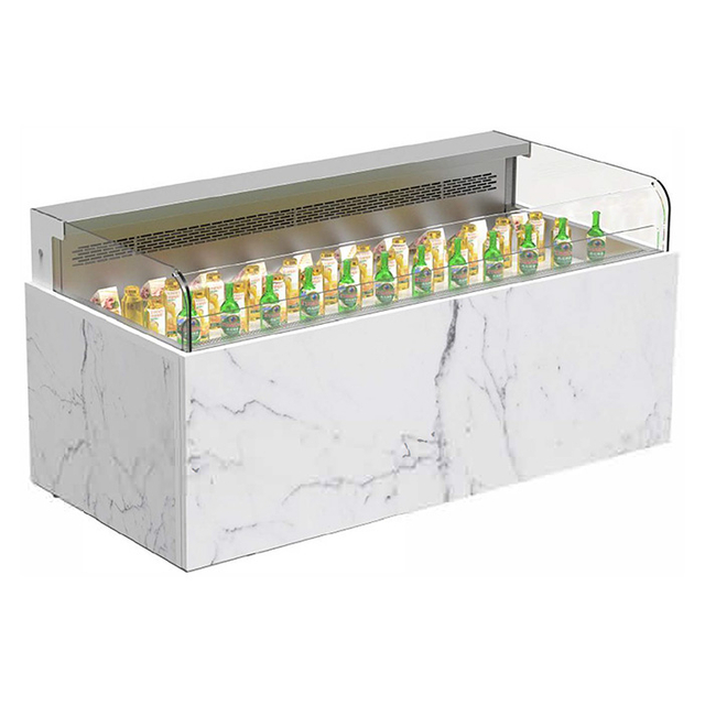 Servicio refrigerado de bajo consumo sobre mostrador con puerta de vidrio curvo