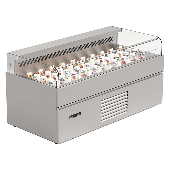 Servicio refrigerado de bajo consumo sobre mostrador con puerta de vidrio curvo