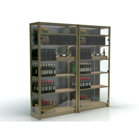 Estante para vino de metal y madera con puerta de cristal
