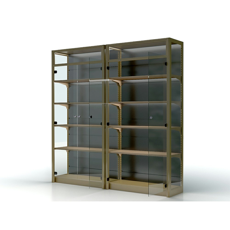 Estante para vino de metal y madera con puerta de cristal