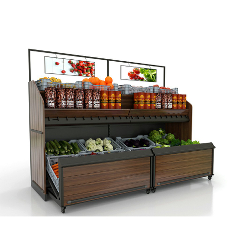 Unidad de pared expositora de frutas y verduras con espacio de almacenamiento en cajones