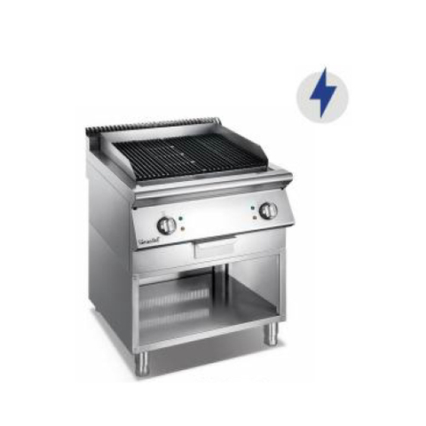 Parrilla eléctrica comercial de roca de lava con gabinete abierto
