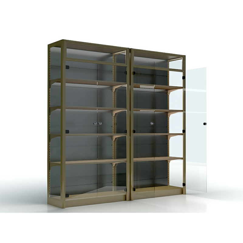 Estante para vino de metal y madera con puerta de cristal