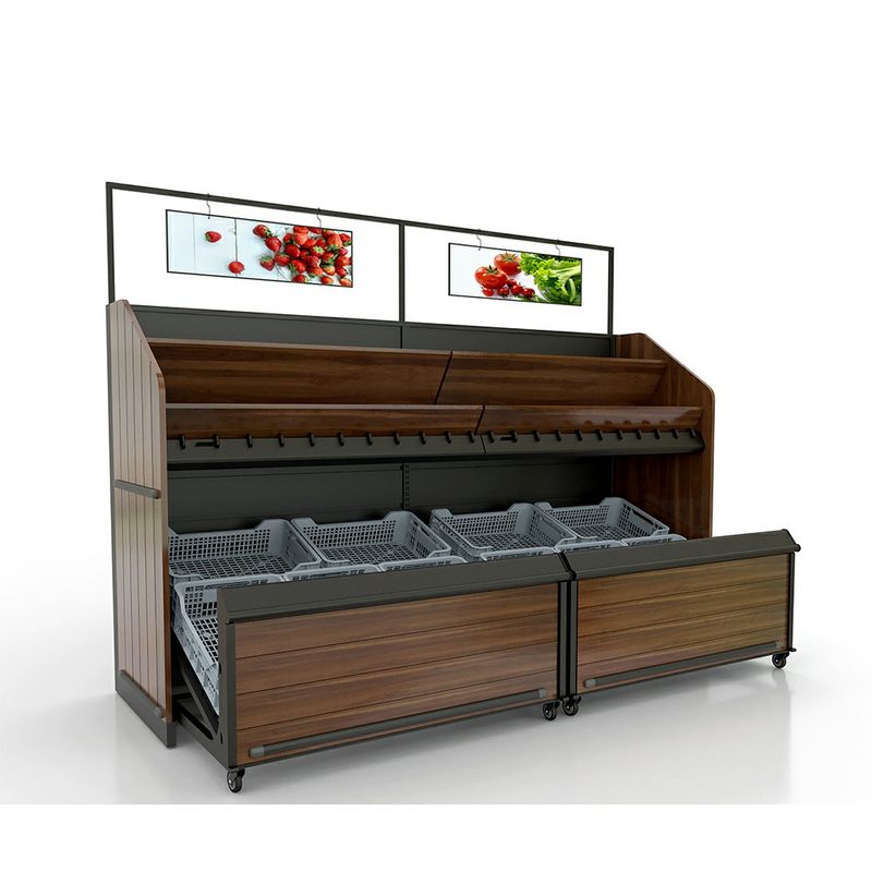 Unidad de pared expositora de frutas y verduras con espacio de almacenamiento en cajones