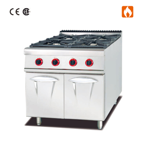 Cocina a gas con 4 quemadores y gabinete.
