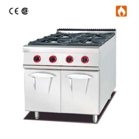 Cocina a gas con 4 quemadores y gabinete.