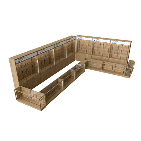 Mostrador de servicio y estanterías de madera