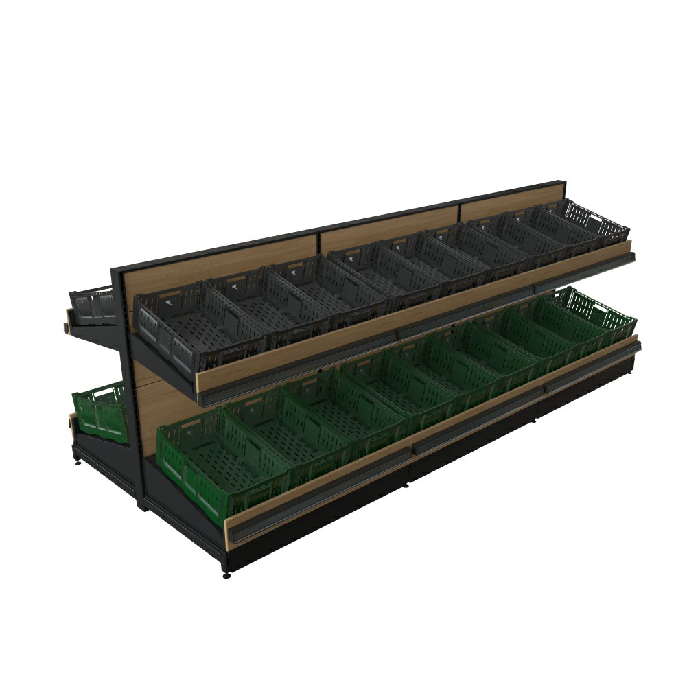 Estante de exhibición con cajas de plástico para frutas y verduras.