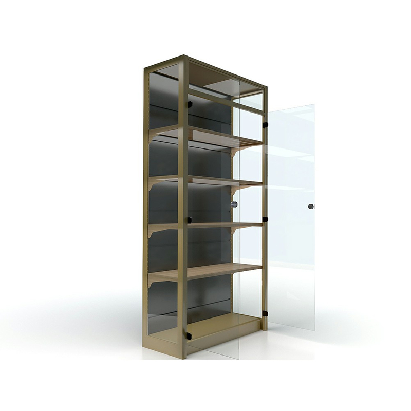 Estante para vino de metal y madera con puerta de cristal