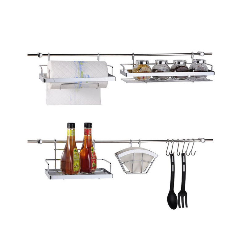 Estante para utensilios de cocina montado en la pared con ganchos