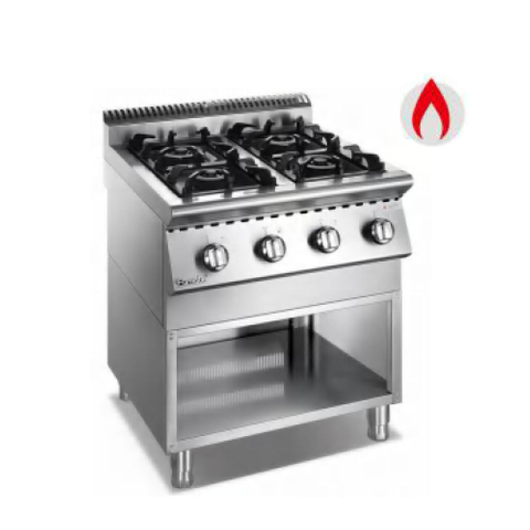 Cocina a gas de 4 quemadores con gabinete abierto