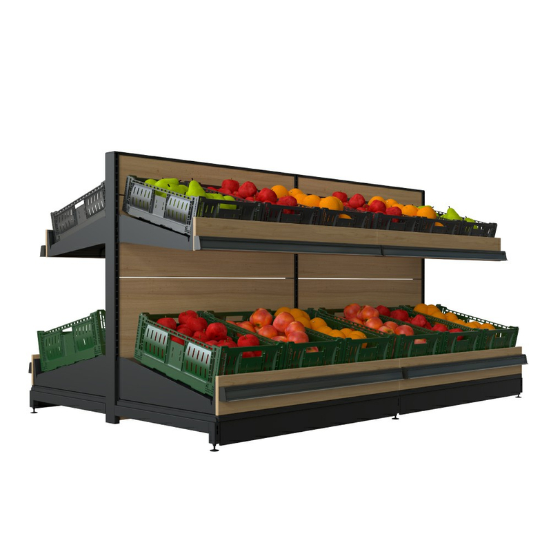 Estante de exhibición con cajas de plástico para frutas y verduras.