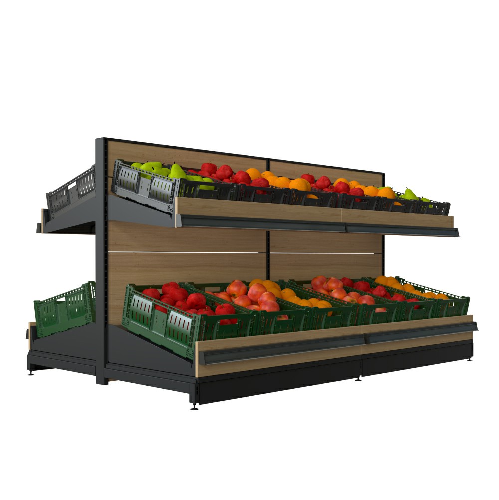 Estante de exhibición con cajas de plástico para frutas y verduras.