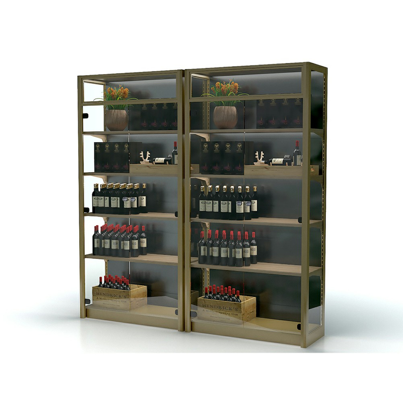Estante para vino de metal y madera con puerta de cristal