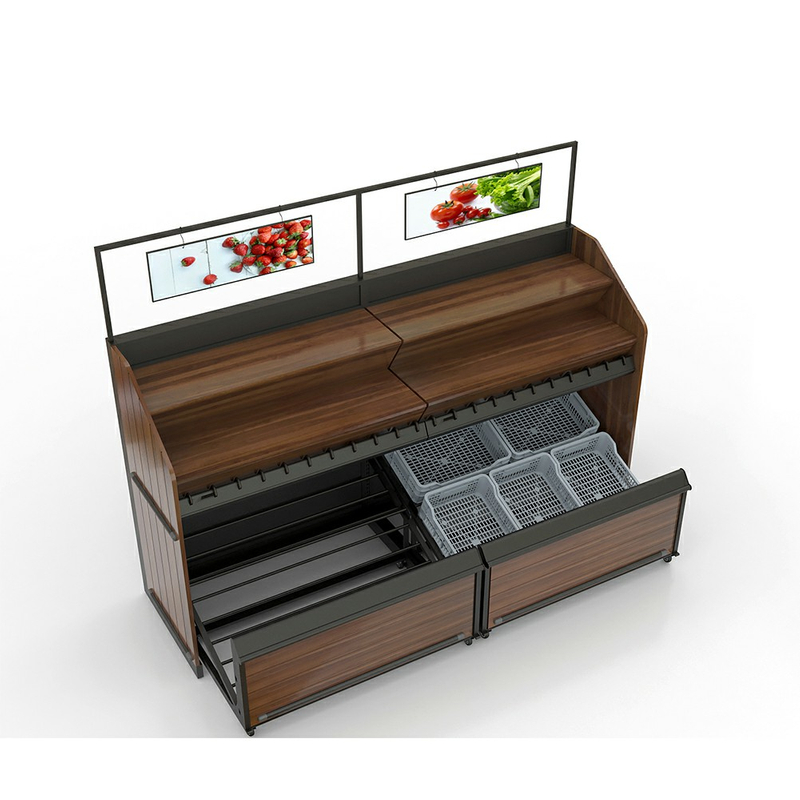 Unidad de pared expositora de frutas y verduras con espacio de almacenamiento en cajones