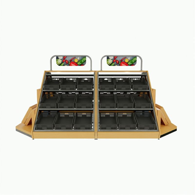 Soporte de exhibición de frutas y verduras con tablero publicitario