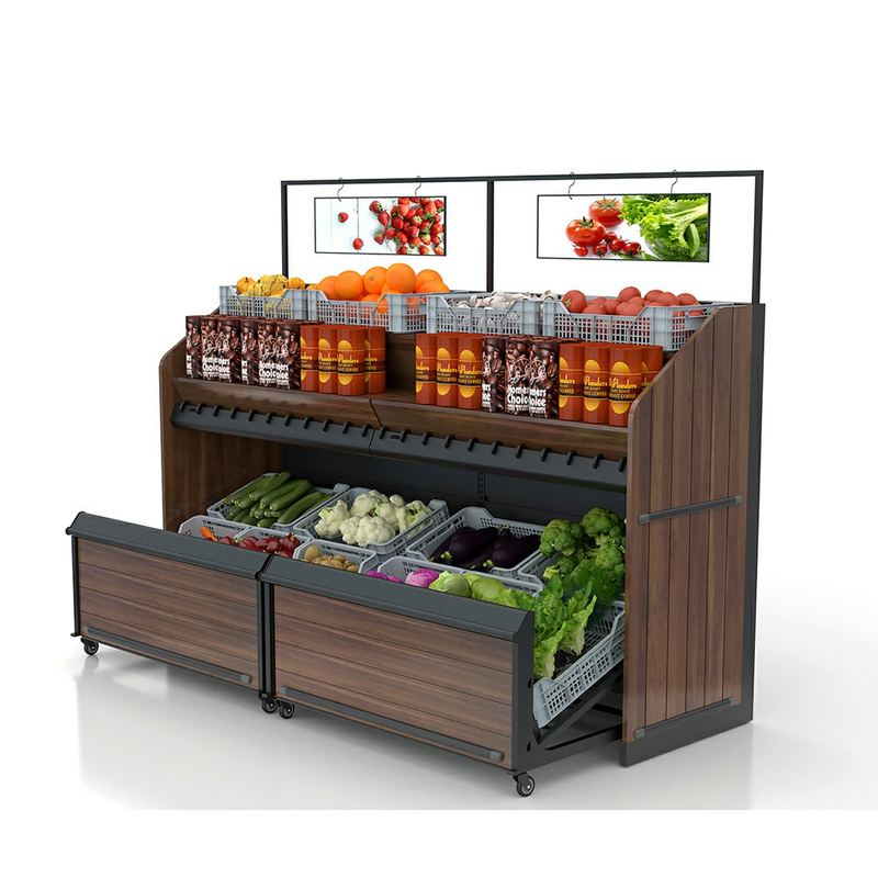 Unidad de pared expositora de frutas y verduras con espacio de almacenamiento en cajones