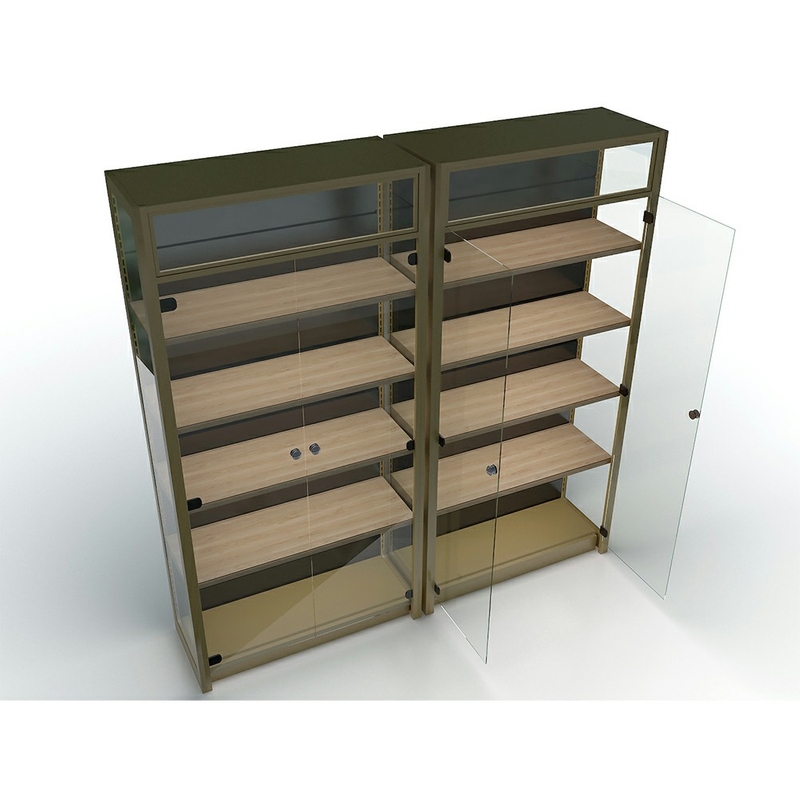 Estante para vino de metal y madera con puerta de cristal