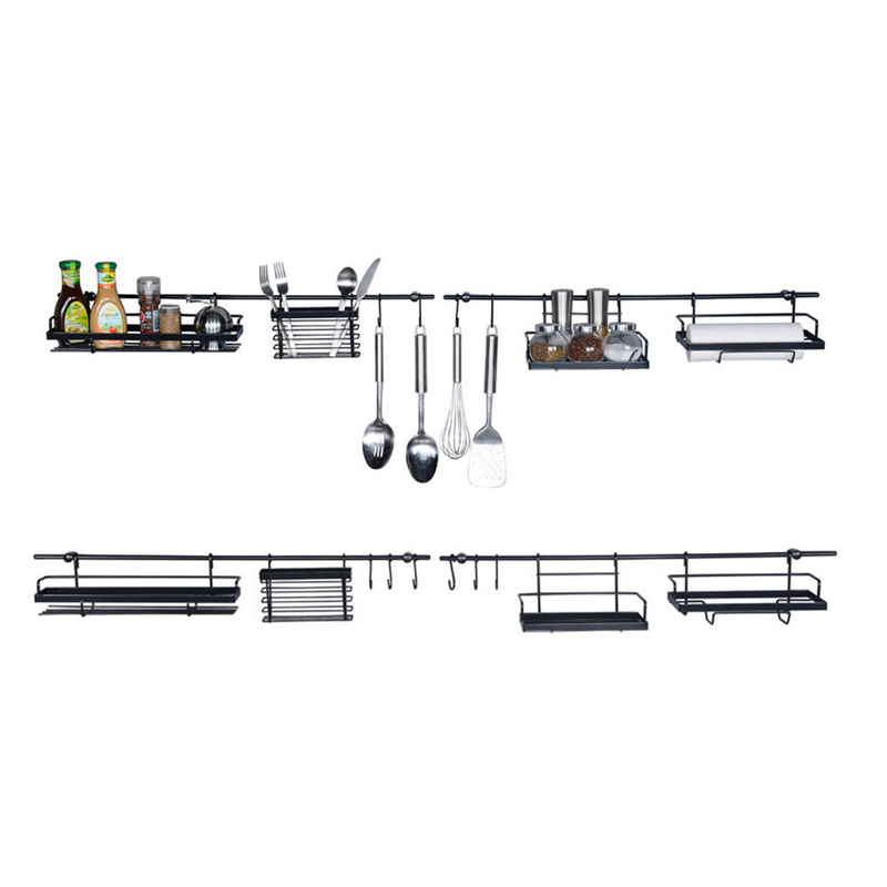 Estante para utensilios de cocina montado en la pared con ganchos