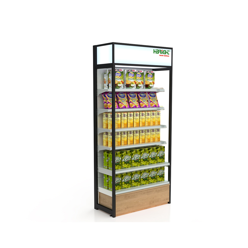 Estante de supermercado con tablero publicitario