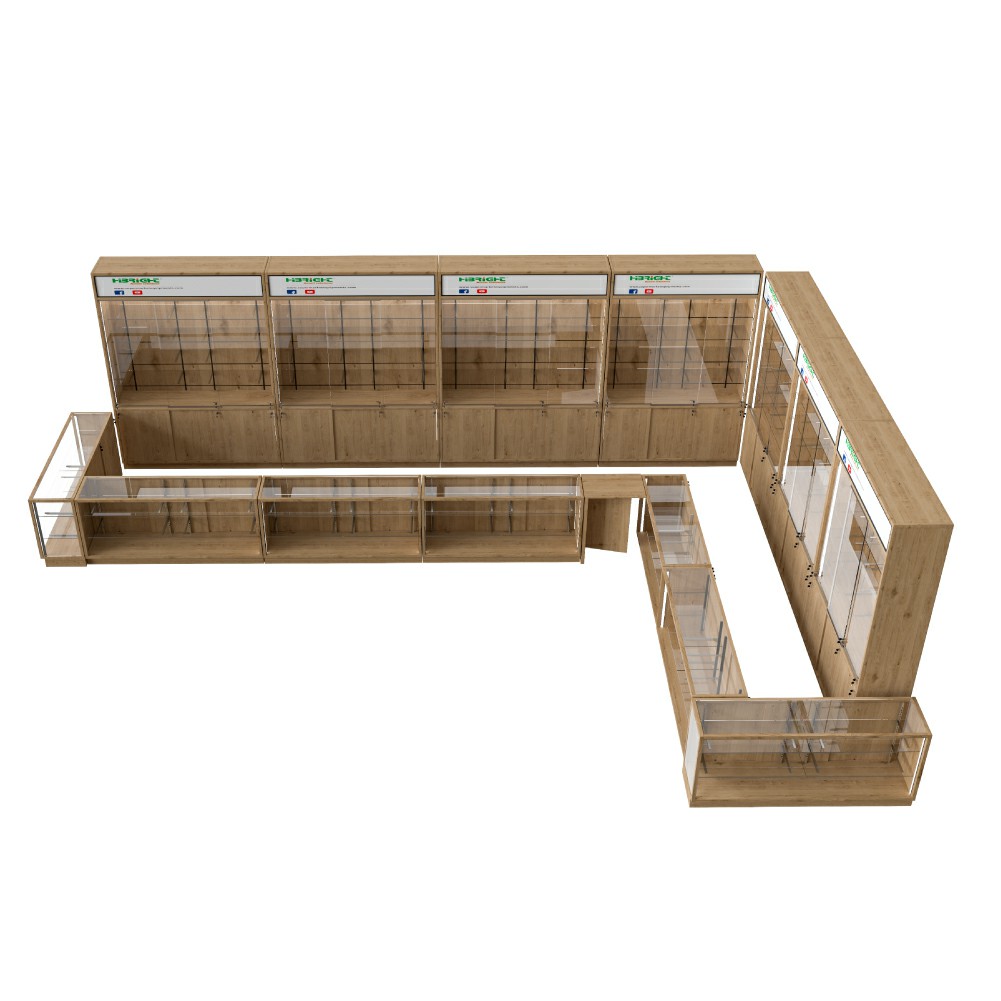 Mostrador de servicio y estanterías de madera